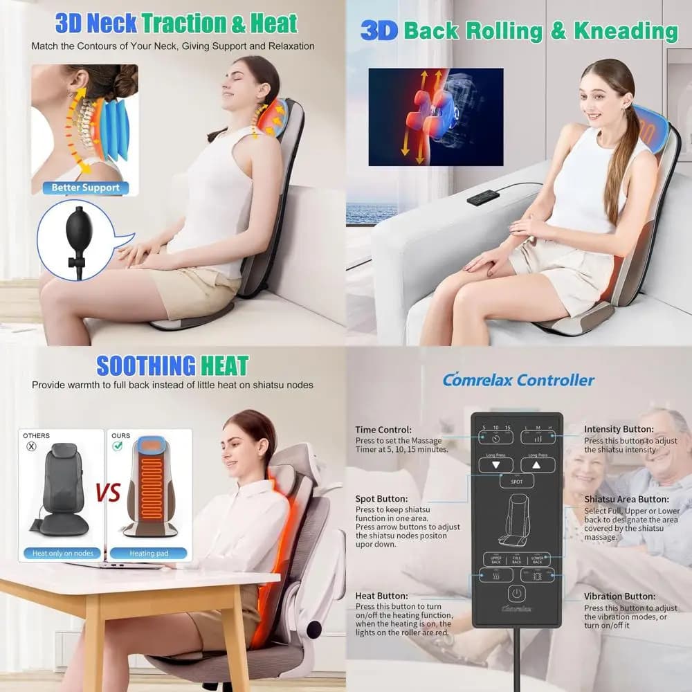 Massaggiatore Shiatsu Riscaldato, Cuscino per Sedia con Massaggio Profondo dei Tessuti, Motori a Vibrazione, Supporto per Schiena e Vita, Pelle PU, Doppio
