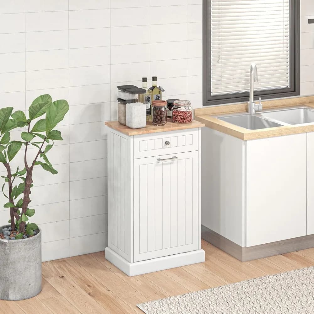 Vendita calda - Armadietto per bidone della spazzatura con inclinazione da cucina, armadietto per il riciclaggio indipendente, porta pattumiera con cassetto, bianco
