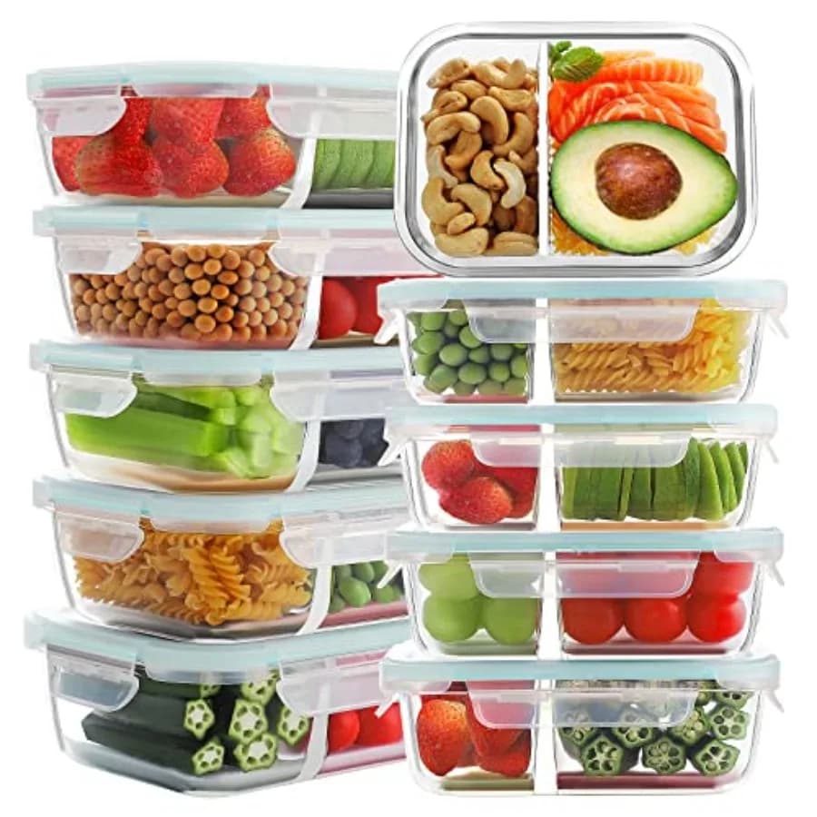 Set di 10 Contenitori in Vetro per Preparazione Pasti, 2 Scomparti, Ermetici, Anti-perdita, per Pranzo e Bento