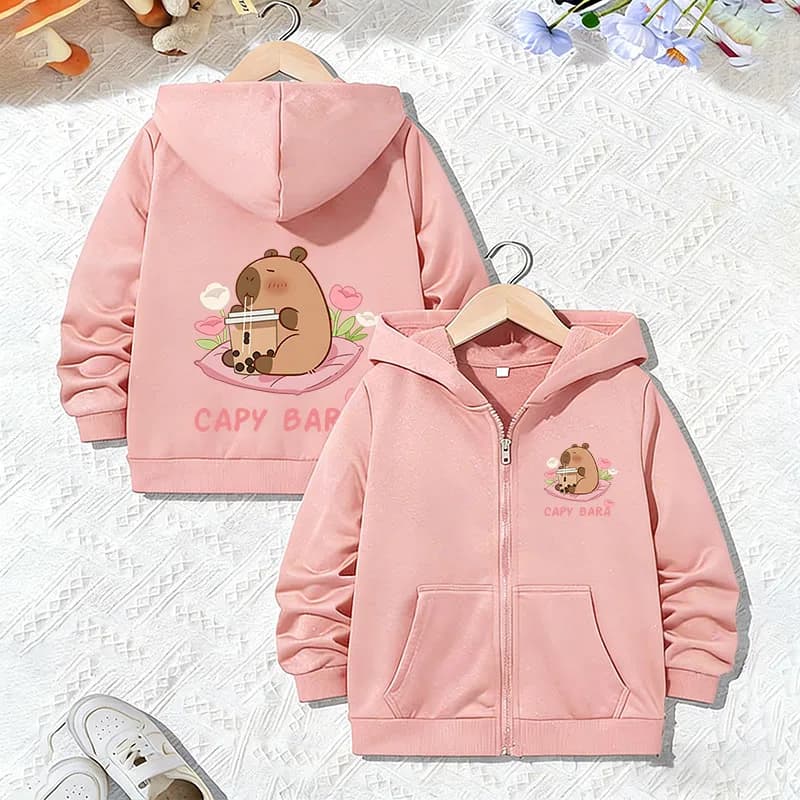 Felpe con cappuccio alla moda per bambini e bambine, giacca con cerniera a tema Capibara, stile manga, per primavera e autunno