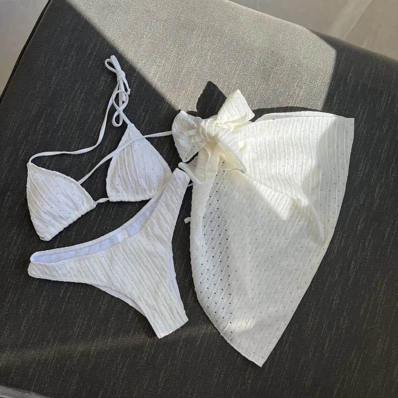2025 European and American New Swimsuit Three Piece Backless Drawstring Strap Bikini Three Piece Set Swimsuit
