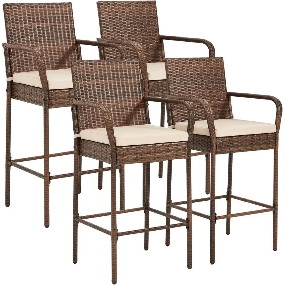 Set di 4 sgabelli da bar in rattan per esterni con cuscini, sedie in vimini resistenti alle intemperie per patio, cortile, piscina, giardino - Marrone