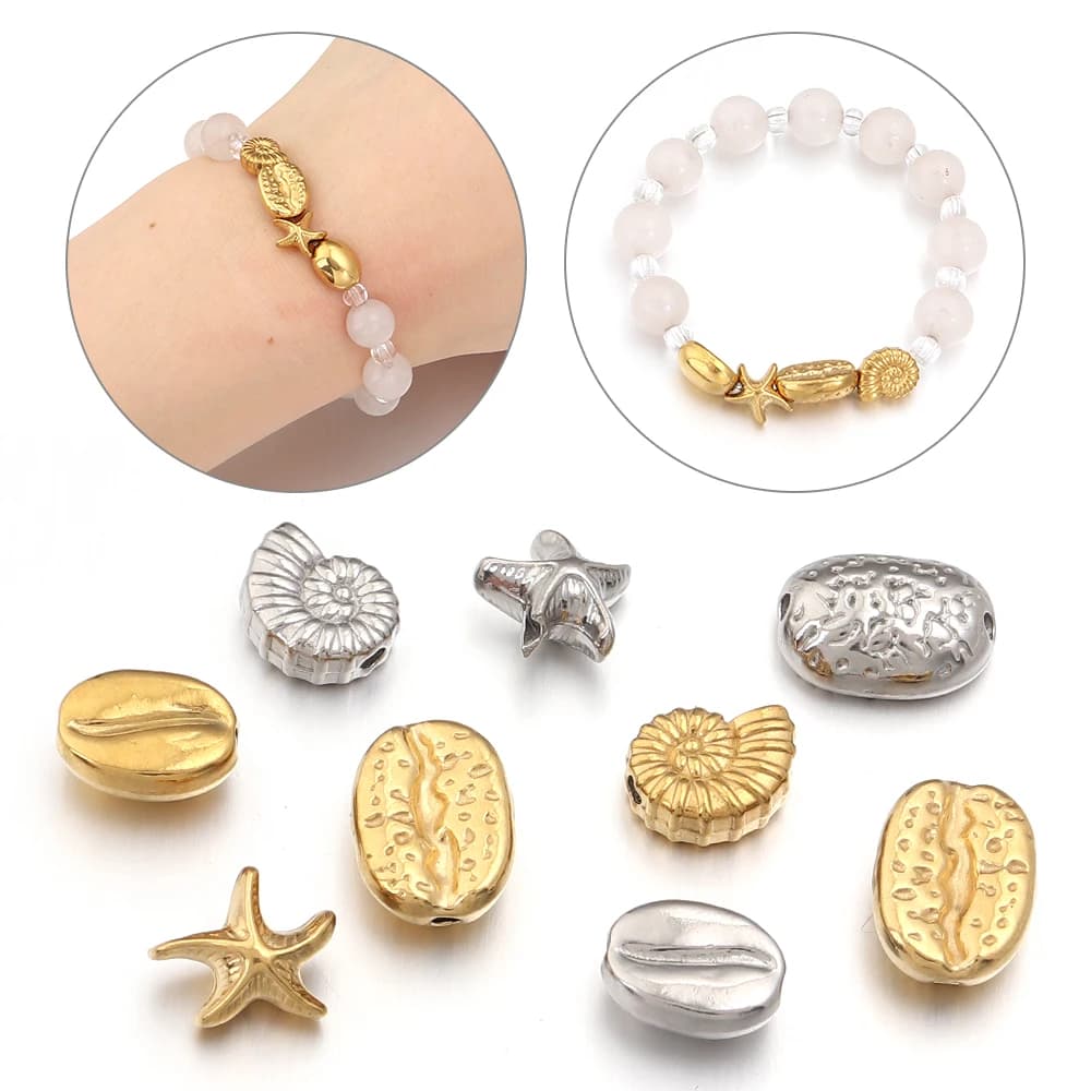 5 pz. Ciondoli a forma di Stella Marina, Conchiglia, Conca, Lumaca e Spirale in Acciaio Inossidabile, per Creazione Gioielli Fai da Te, Bracciali e Collane