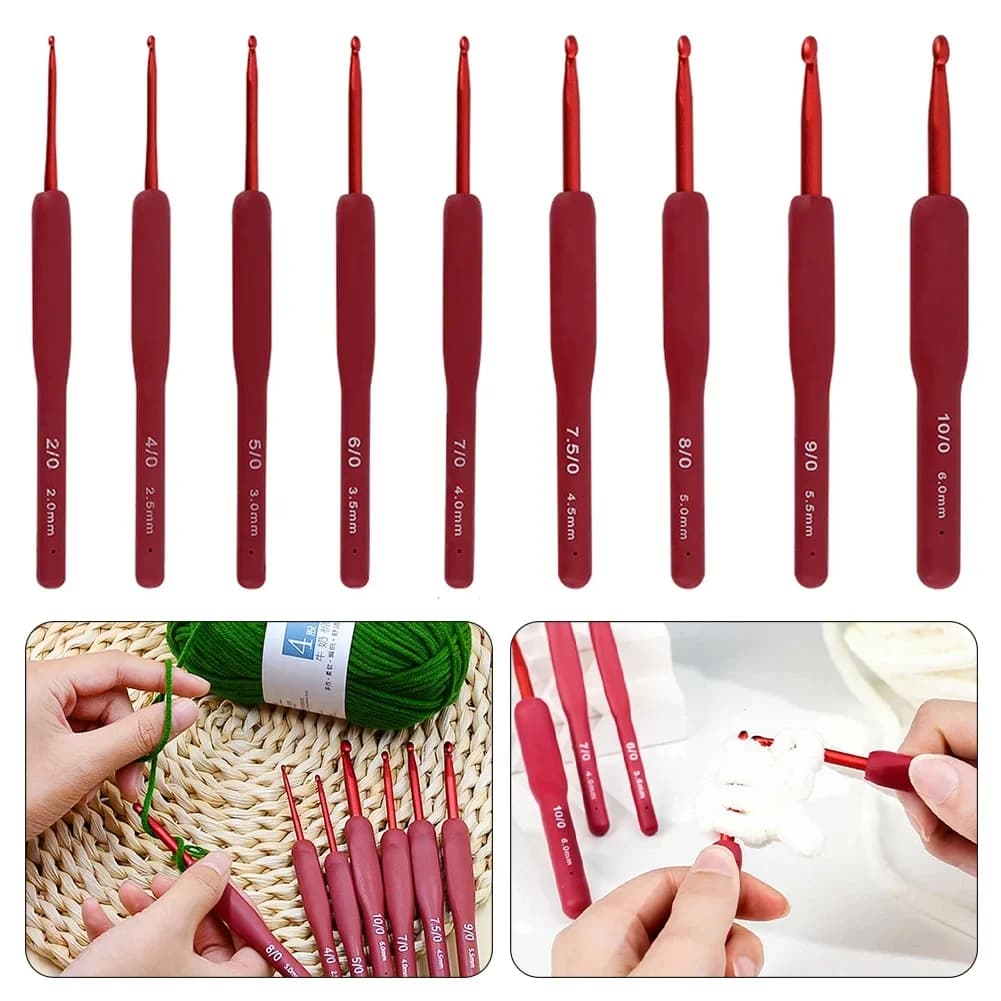 Set di 1/9 uncinetti rossi con manico in silicone, aghi da maglia in alluminio per lavori a maglia e artigianato, misure 2/2,5/3/3,5/4/4,5/5/5,5/6mm