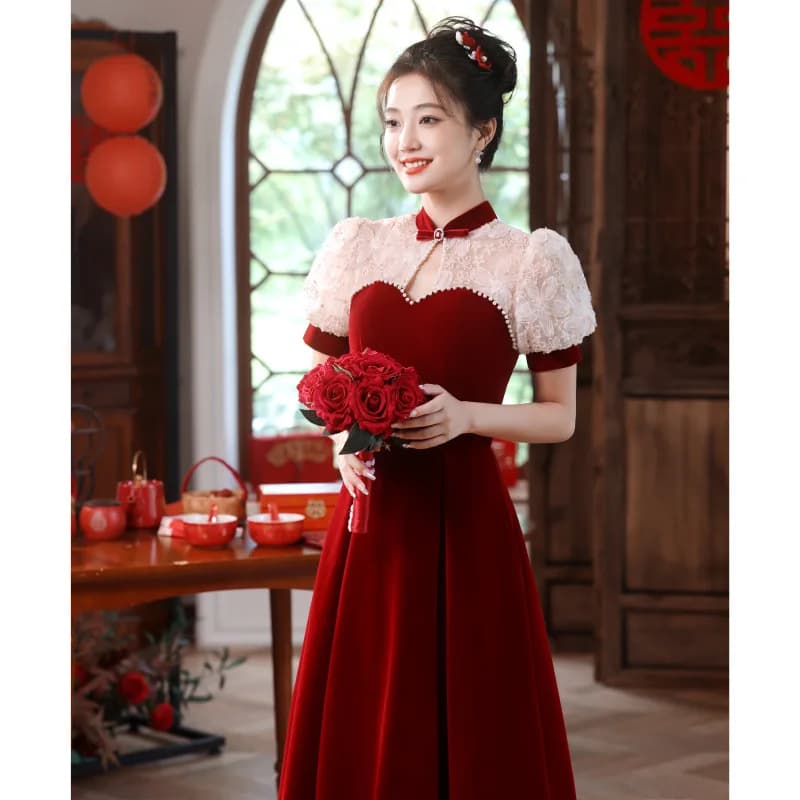 Donne elegante pizzo manica a sbuffo Cheongsams borgogna banchetto di nozze abito stile cinese partito abiti lungo Robe De Soiree