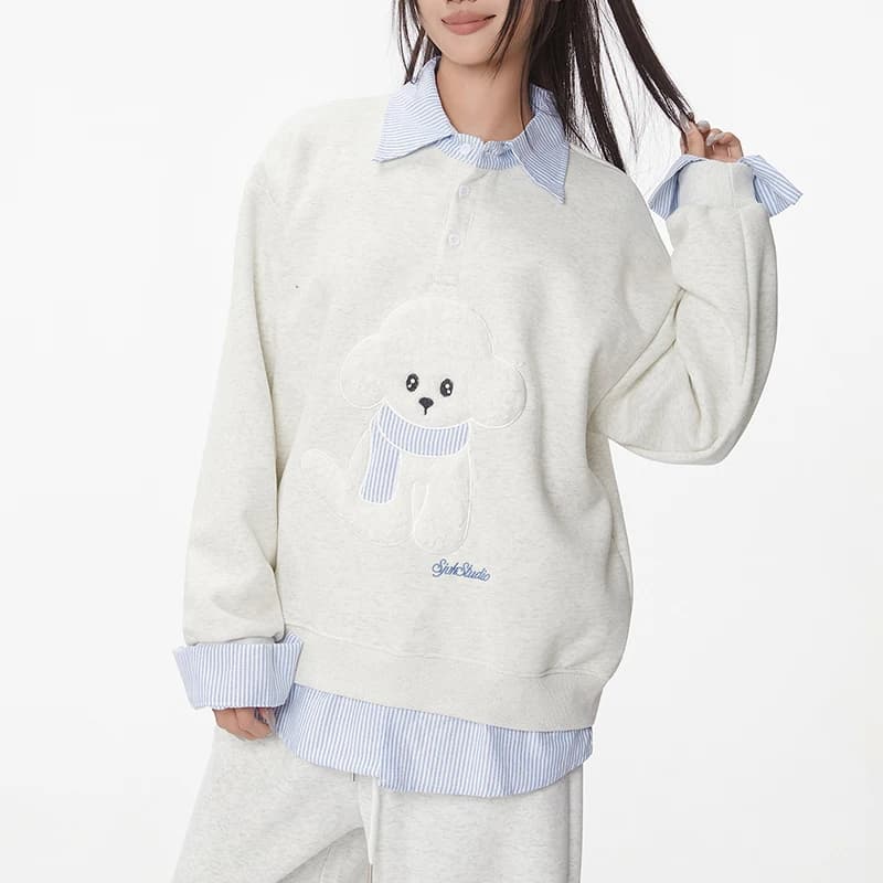 Falso 2 pezzi felpe manica lunga donna colletto rovesciato ricamato cartone animato cane pullover donna 2025 nuovo autunno inverno top