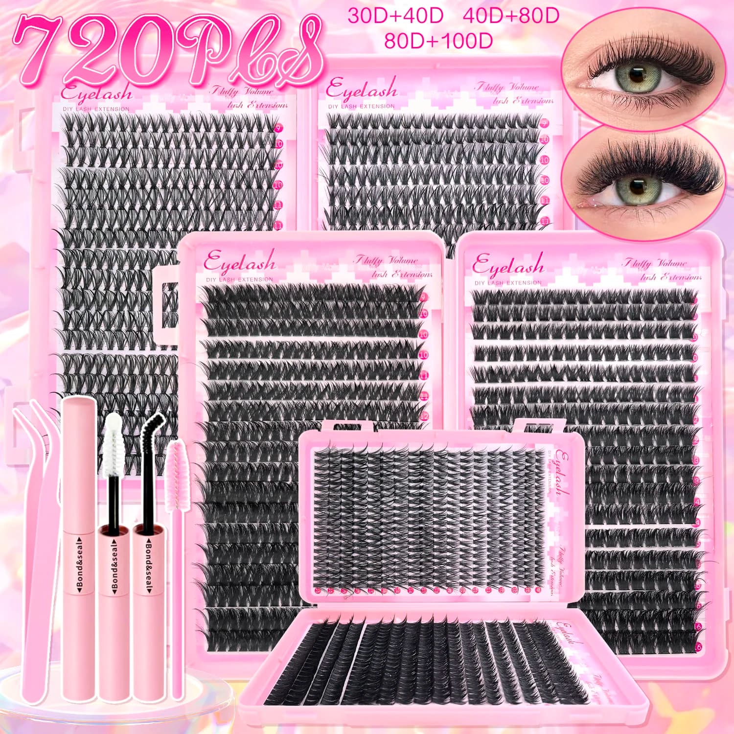 DIY Lash Extension Kit Clusters Individual Eyelashes Kit 9-16mm with Bond and Seal Wispy Natural Mange Lashes