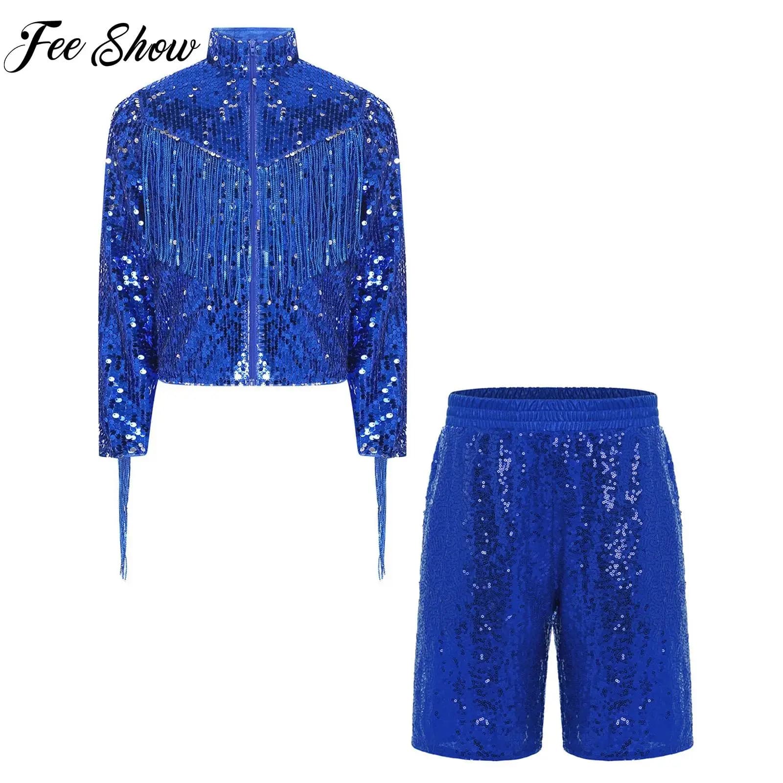 Completo da ballo latino jazz tango per bambini con paillettes, costume da discoteca, giacca con zip a maniche lunghe e nappe scintillanti e pantaloncini