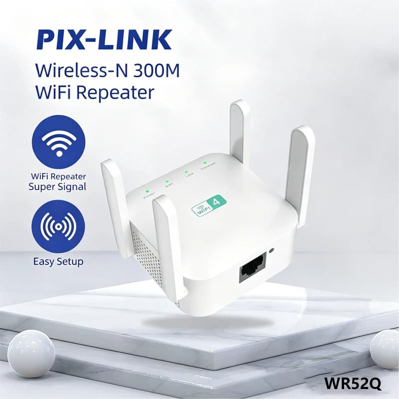 PIX-LINK WR52Q Ripetitore WiFi 300Mbps con 4 Antenne Esterne, Amplificatore di Segnale Wireless N 2.4GHz, Porta Ethernet WPS, Router Domestico