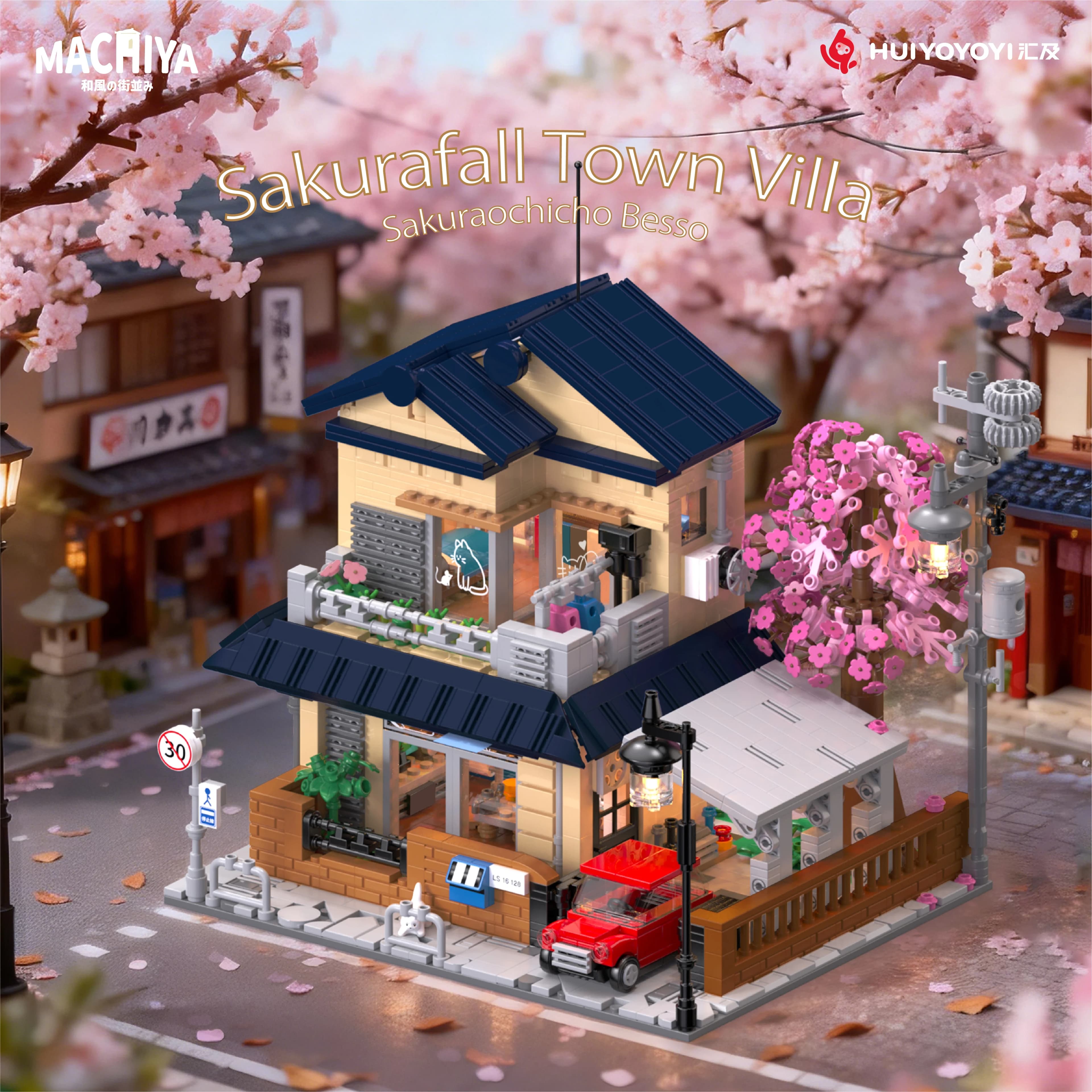 Modello di Costruzione di Villa Giapponese con Vista sul Giardino di Sakura, Giocattolo Educativo Fatto a Mano, Regalo per Ragazze