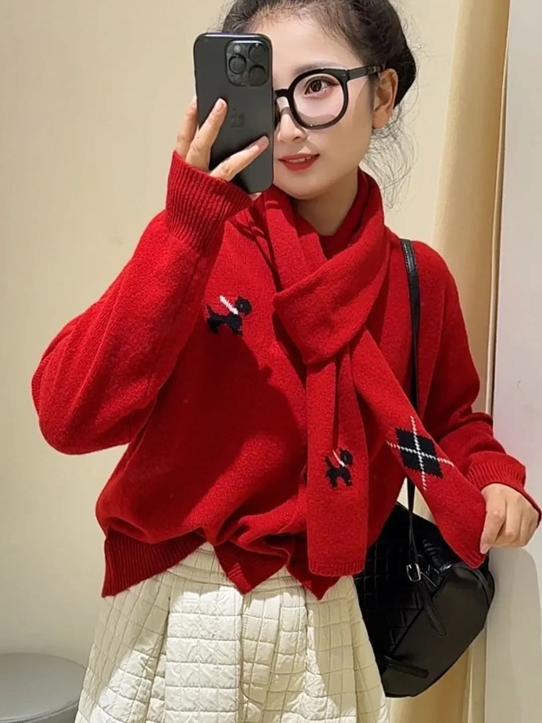 New Year Red Dog Pattern Knitted Scarf Loose Women's Sweater Soft Medium Gauge Long Sleeve Warm Casual Fashion Knitwear