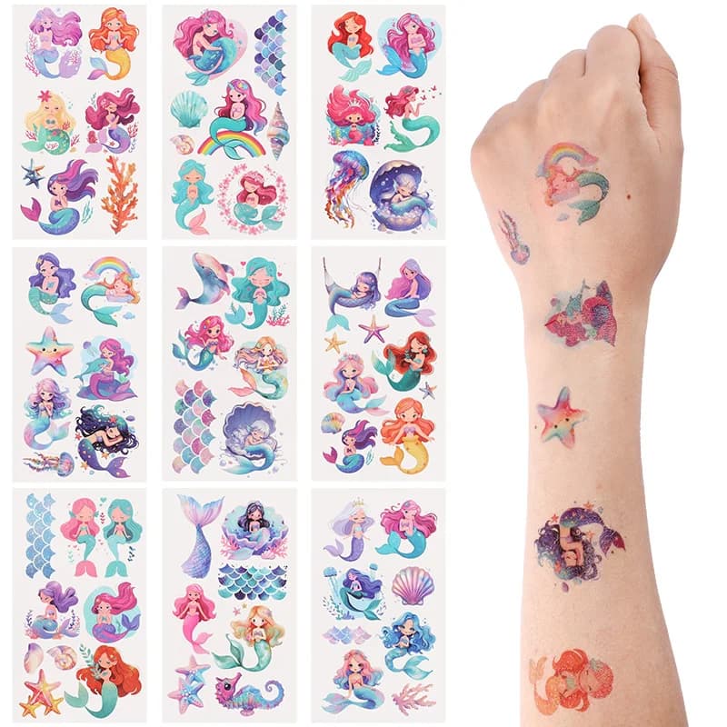 10pcs Cartoon Mermaid Tattoo Stickers Waterproof Temporary Tattoo Girls Mermaid Birthday Party Decor Supplies Kids Gift Favors
