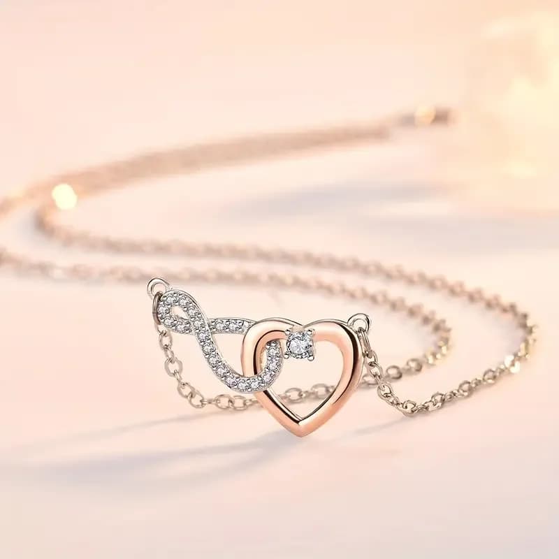 Two Tone Interlocking Heart Pendant Necklace with Paper Gift Card Box Stainless Steel Double Color Love Clavicle Chain Jewelry Gift for Women Valentine Birthday