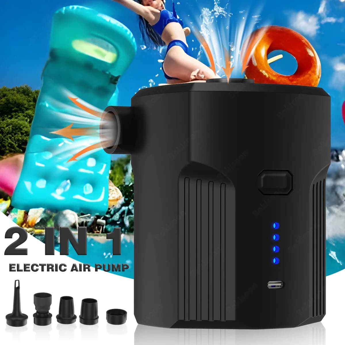 Pompa d'aria elettrica portatile per gonfiabili con 5 ugelli per campeggio all'aperto, materassi ad aria, barche, cuscino, divano, galleggianti per piscina