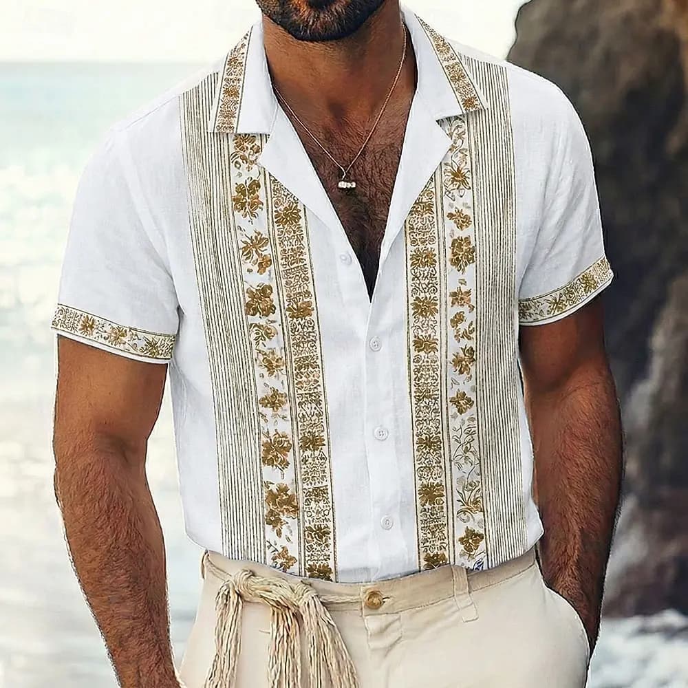 Camicia Guayabera da uomo etnica con motivi floreali intricati, a maniche corte, con colletto cubano, stampa 3D, abbottonata, per tutti i giorni in primavera ed estate