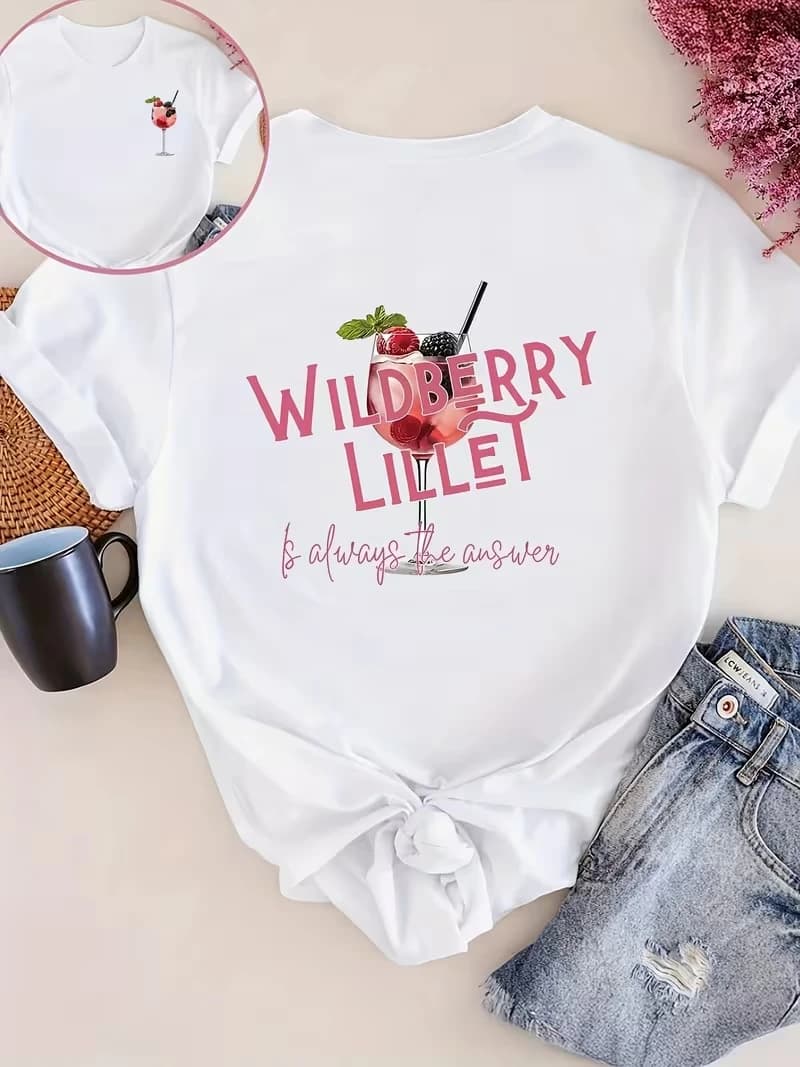 T-shirt da donna Wildberry Lillet Is Always The Answer, T-shirt con grafica, Top casual a maniche corte con scollo rotondo, T-shirt alla moda con stampa cocktail
