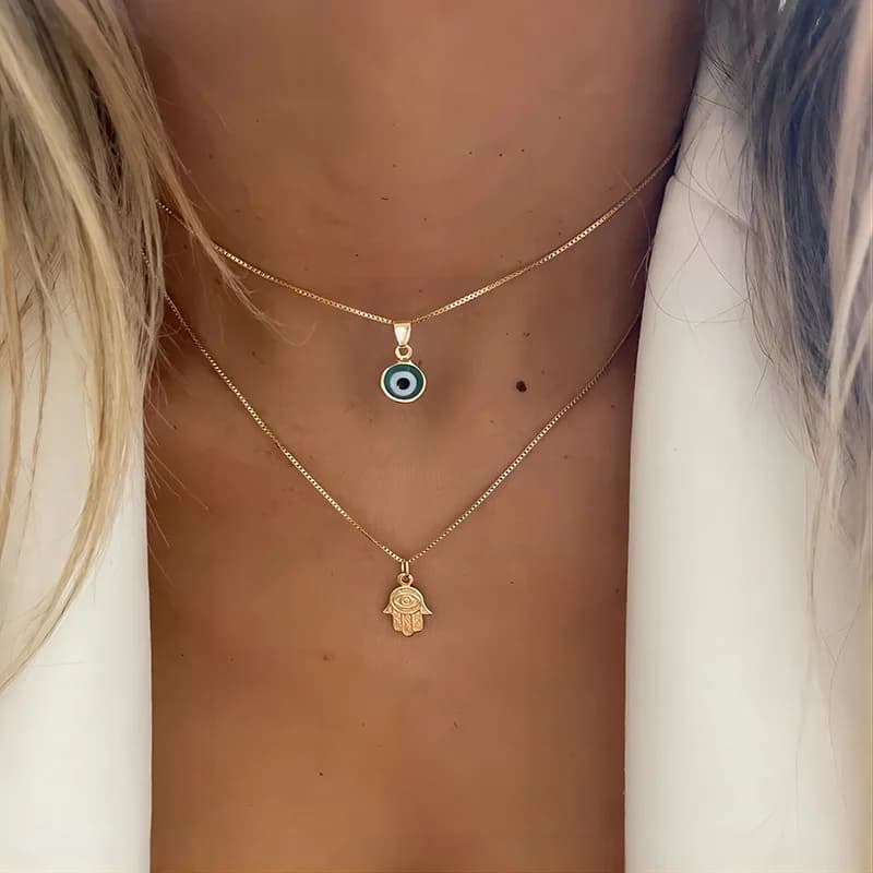 Lucky Double Layers Zircon Evil Eye Necklaces for Women Men Chain Turkish Eye Pendant Necklace Party Jewelry Gift