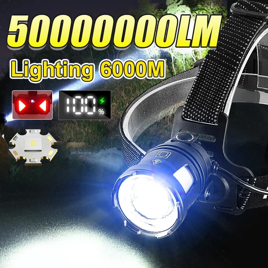 Lampada frontale a LED da 800 W Lampada frontale ricaricabile USB Potente faro a lungo raggio Display di alimentazione Lanterna da pesca Luci esterne zoomabili