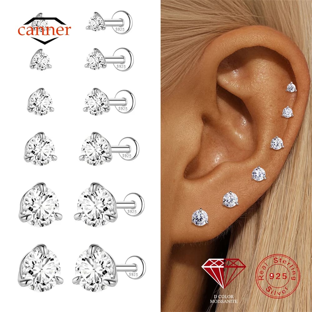 CANNER 1PC Orecchini Certificati in Moissanite Scintillante da 0.03-1.2CT con Tre Griffe, Gioielli Classici da Sposa per Donna e Uomo, Orecchini in Argento 925