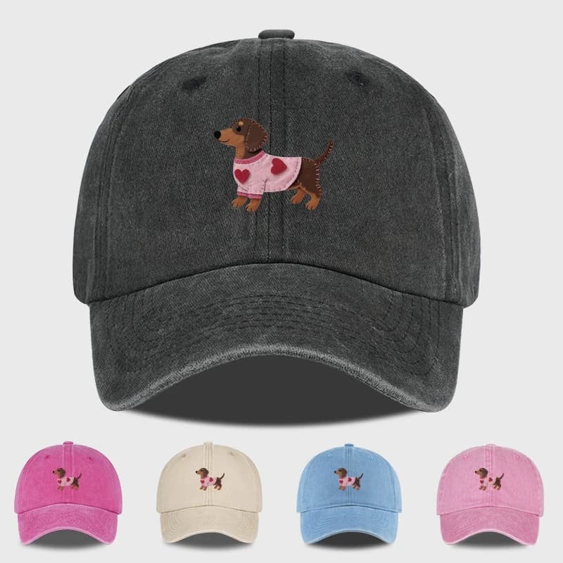 Cappellino da Baseball con Stampa Bassotto Carino in Maglione Rosa a Cuori, in Cotone Lavato Vintage, Regolabile, Unisex, Cappello da Sole per Amanti degli Animali Domestici