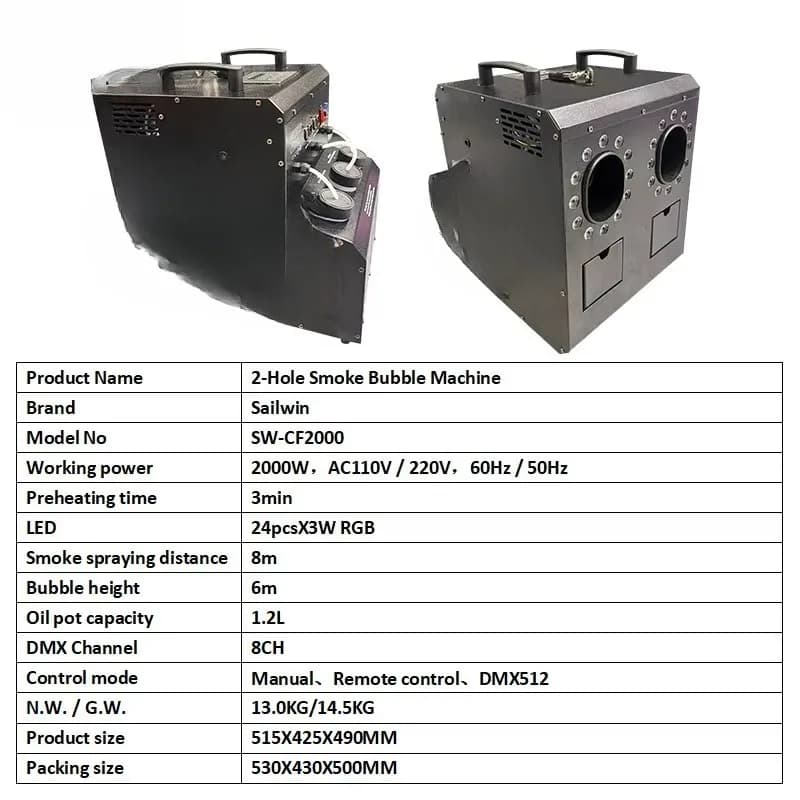 Macchina per bolle di nebbia a luce LED RGB da 2000 W con telecomando DMX512 Macchina per fumo per effetti speciali per palcoscenici per feste Karaoke