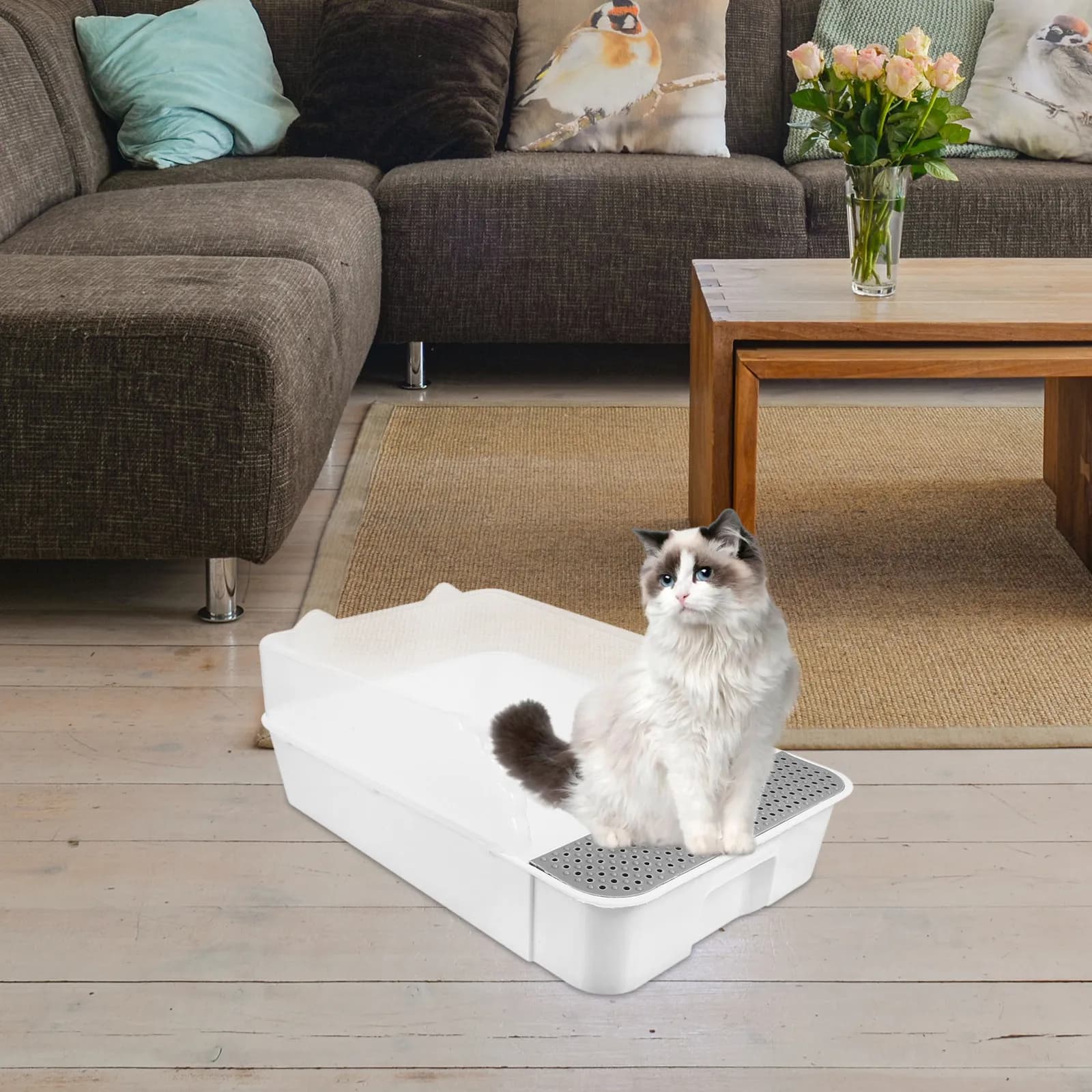 High-Quality PP Cat Litter Pan Detachable Semi-Closed Design Heightened Fence for Reduced Splashing Cat Litter Box Potty