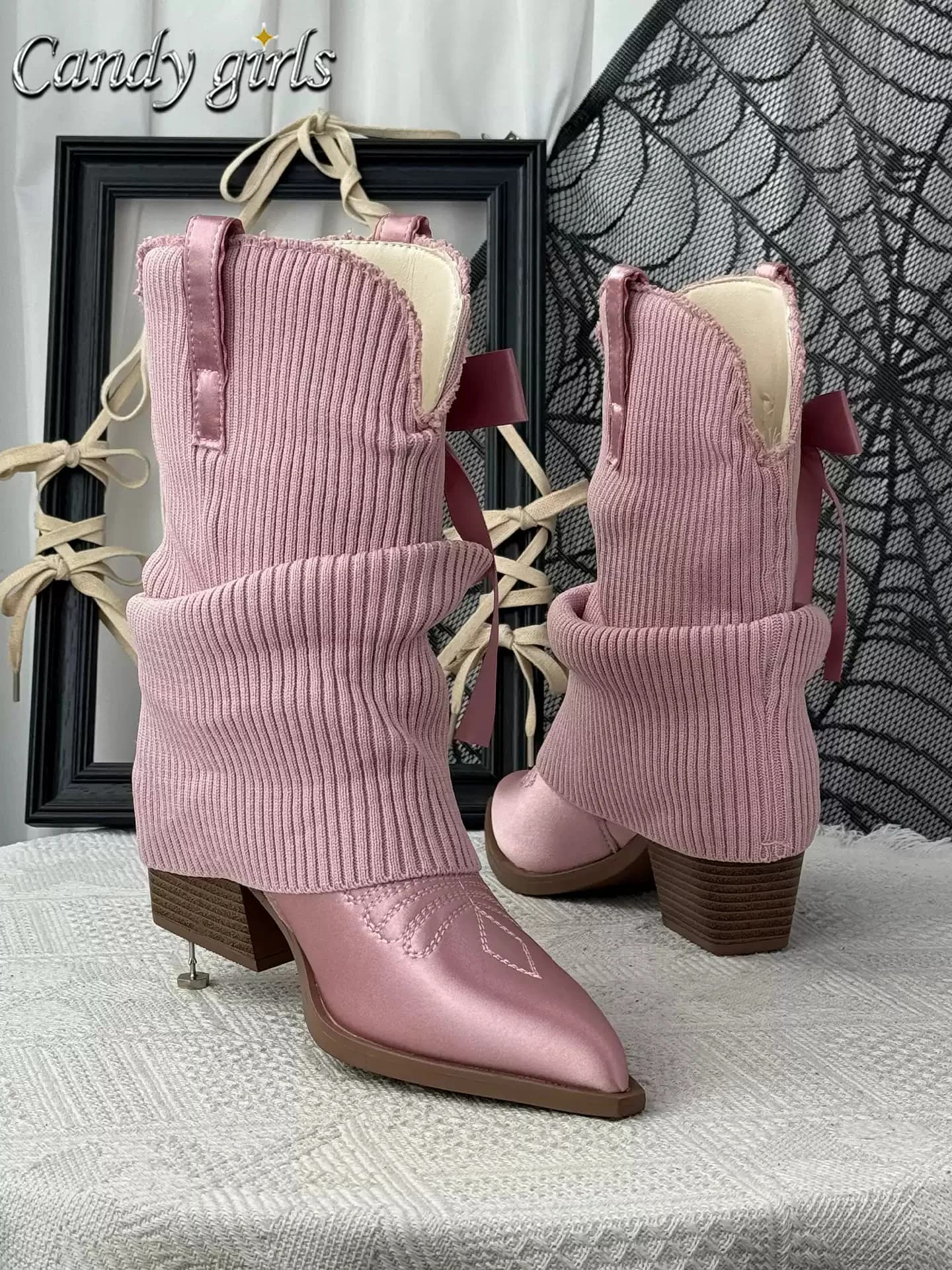 Pink Satin Knit Sock Cuff Western Cowboy Mid Calf Boots Pointed Toe Block Heel Back Bow Decor Slouch Retro Women Fashion Boot