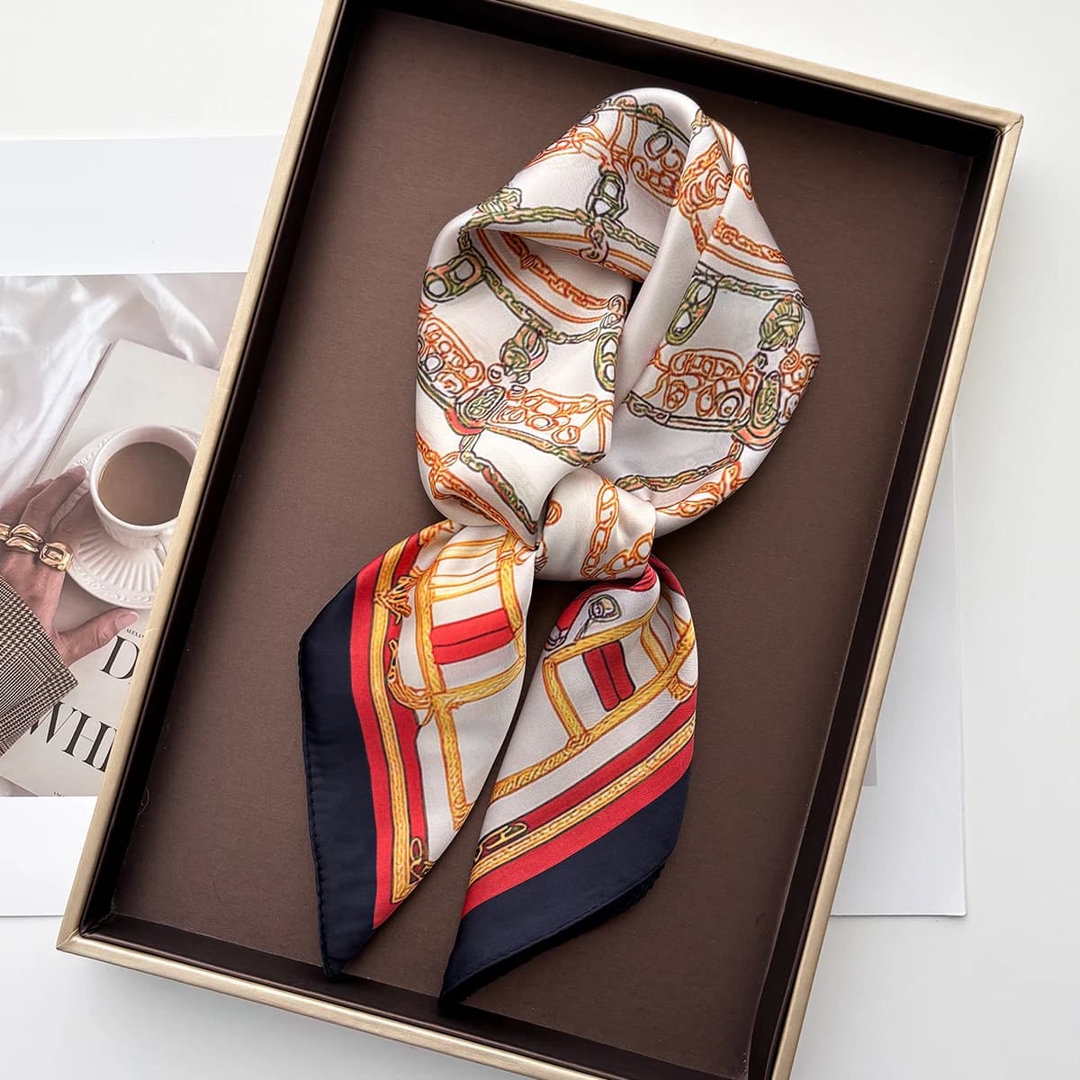 Women's Synthetic Silk Scarf with Square Printing, Hairband, Bandana, Collar Scarf, Head Decoration