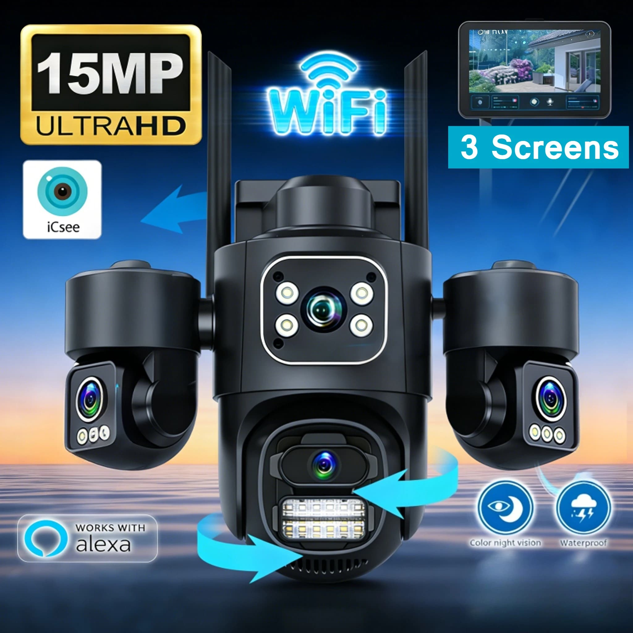 Telecamera IP WIFI HD 15MP a Tre Schermi e Tre Obiettivi, Telecamera a Doppio Obiettivo 8MP con Tracciamento Automatico, Impermeabile IP66, Videocamera di Sicurezza CCTV iCsee