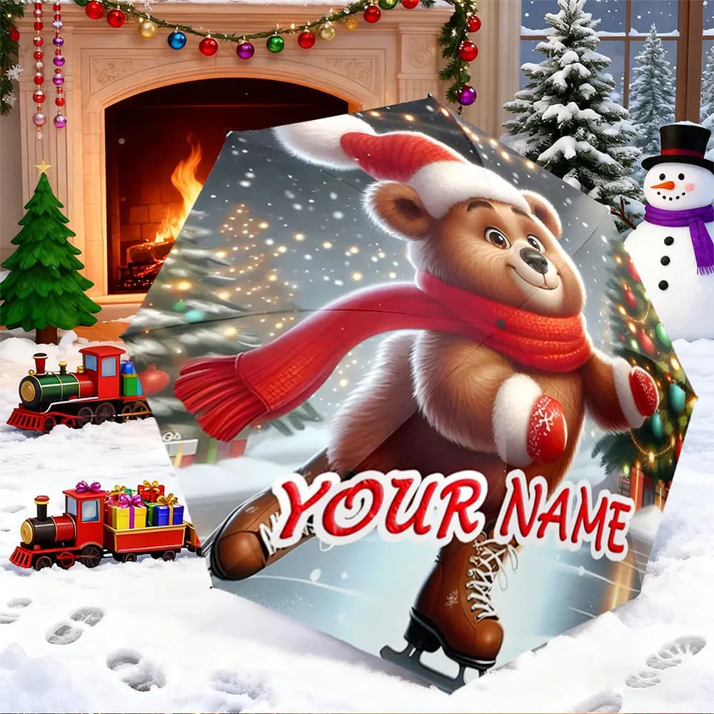 Custom Name Umbrella， Christmas Bear Ice Skating Design Umbrella for Holiday Gifts ,Portable Folding Umbrella, Christmas Gift