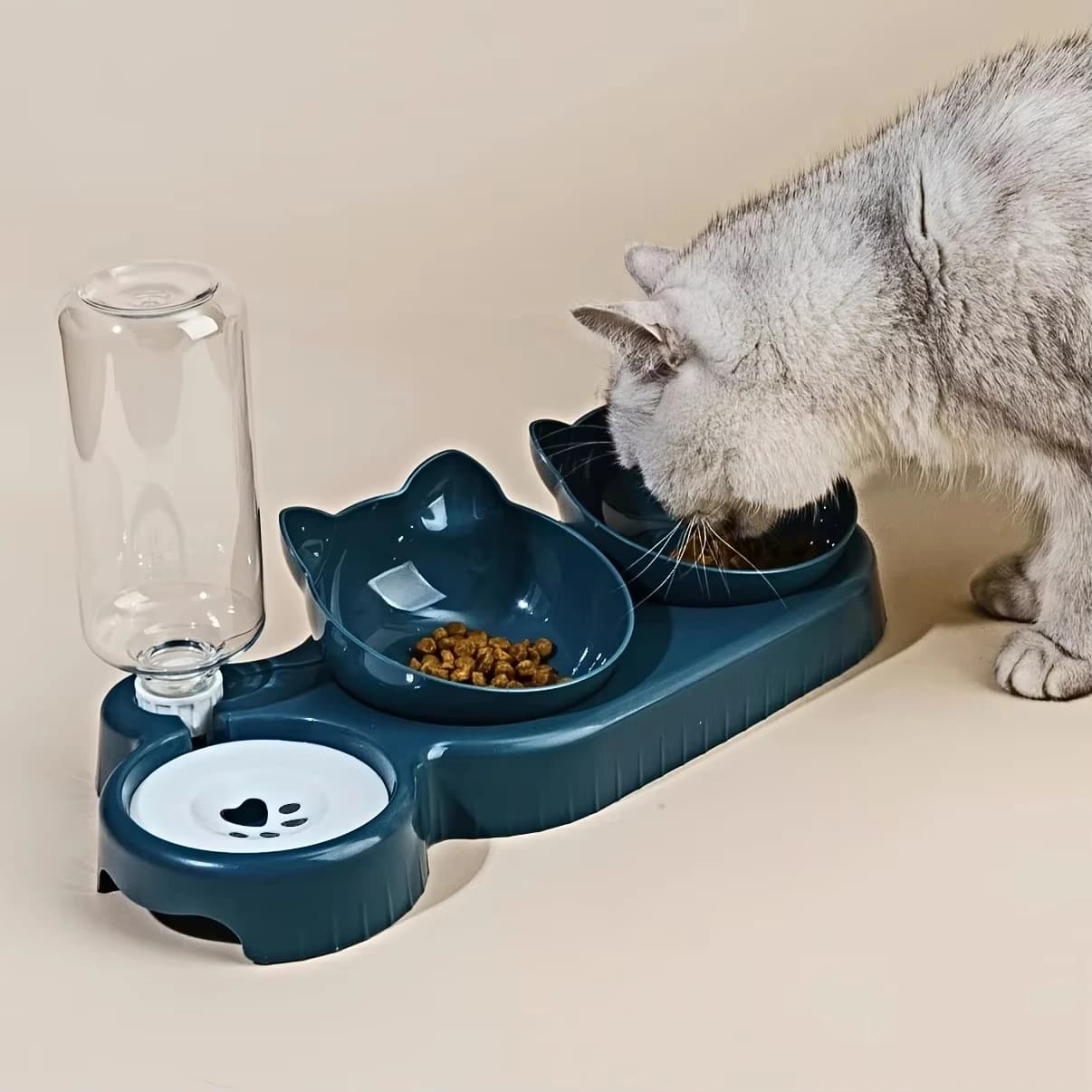 Ciotole per animali domestici con dispenser d'acqua, set 3 in 1 con design a forma di orecchio, ciotola inclinata per acqua e cibo per gatti, protezione del collo, contenitore per cibo per animali domestici