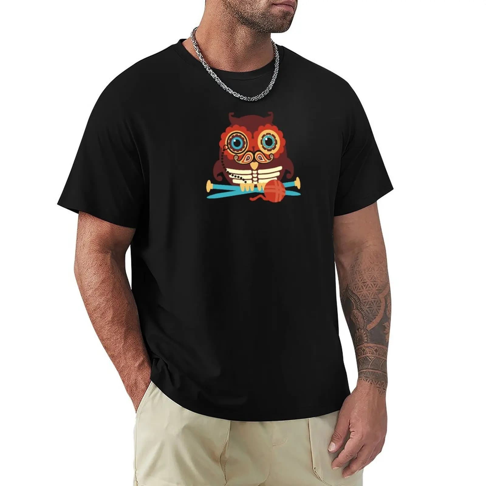 knitting needles owl paisley mustache steampunk skeleton T-Shirt Summer Casual Loose T-Shirt