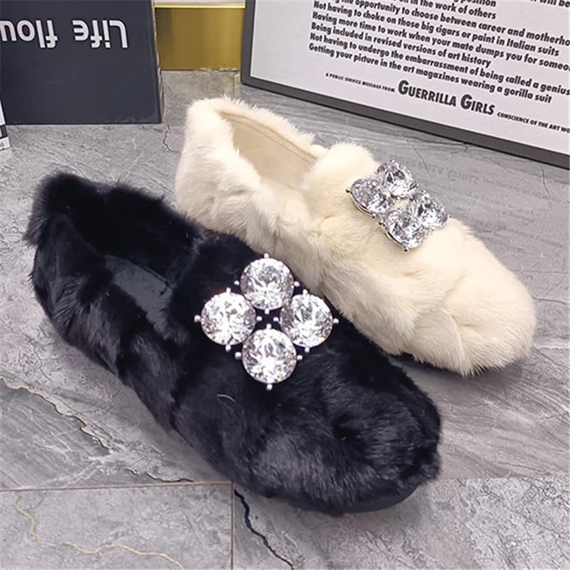 Moda cristallo donna appartamenti Casual Slip-on mocassini piattaforma espadrillas inverno caldo pelliccia di visone mocassini signora scarpe da guida nere