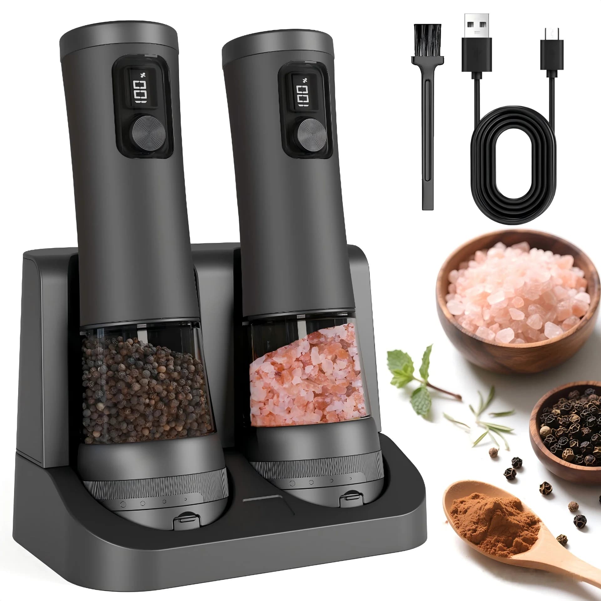2 pcs Electric Automatic Salt and Pepper Grinder Set Led Light Grinder Set Spice Mill Adjustable Spices Grinder Kitchen Tools