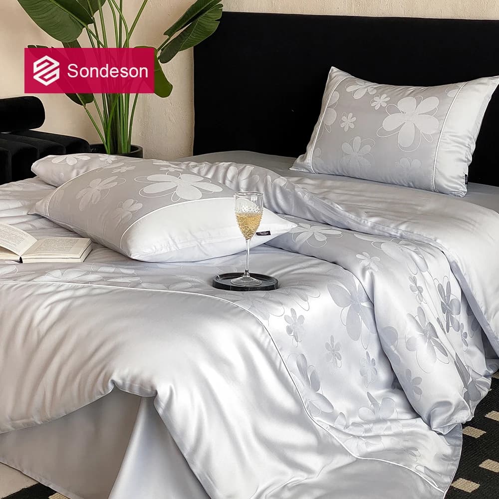 Set di Biancheria da Letto Sondeson in Seta di Gelso 100% Jacquard, Set Copripiumino di Lusso in Seta Grigia, Ultra Morbido e Traspirante, Misure Queen e King