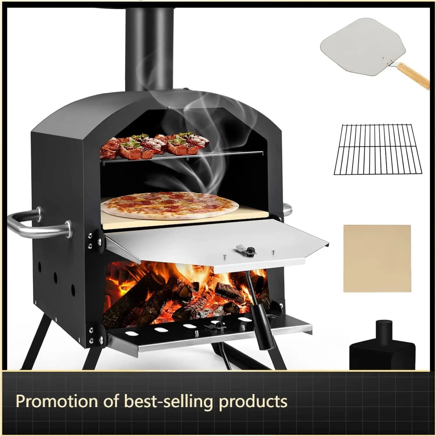 Forno per Pizza a Legna da Esterno con Pietra Refrattaria da 12 Pollici, Pala per Pizza, Griglia di Cottura Rimovibile, Copertura Impermeabile, Gambe Pieghevoli per Giardino e Campeggio