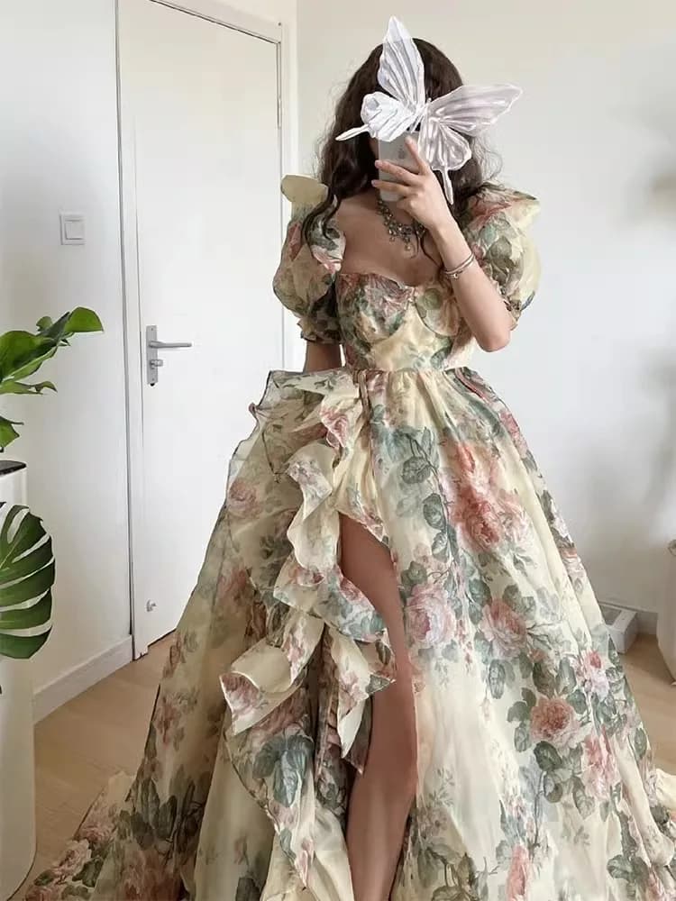Rose Wedding Dr Women's Bright Yellow Bot Long Dr Holiday Beach Casual High Waist Print Skirt Summer Dr