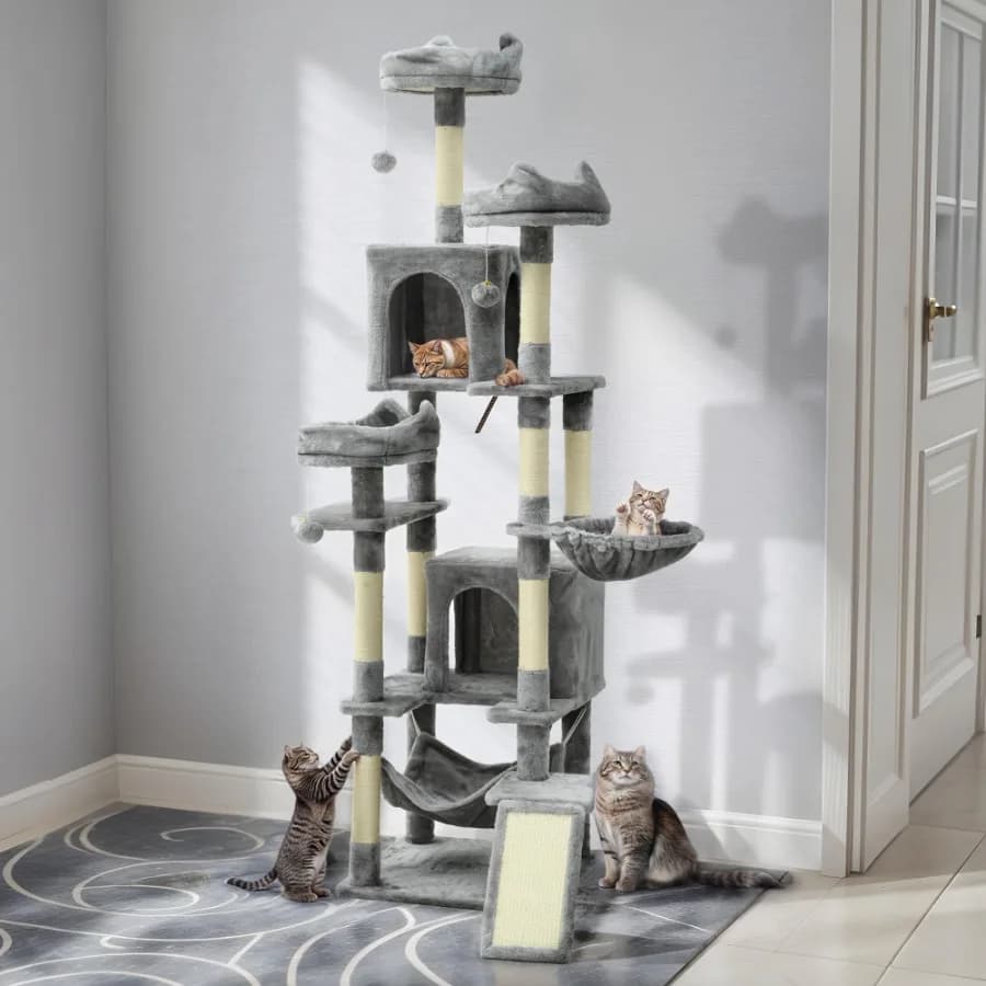 75in Large Cat Tree Tower Multi-Level Cat Condos with Scratch Posts Cozy Basket Hammocks Top Perches Sisal Ramp Light Gray