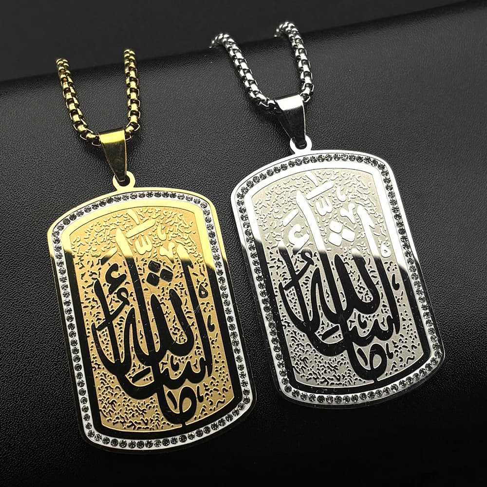 Collane con Ciondolo Allah in Acciaio Inox per Uomo e Donna, Gioielli Islamici con Strass Dorati, Regalo