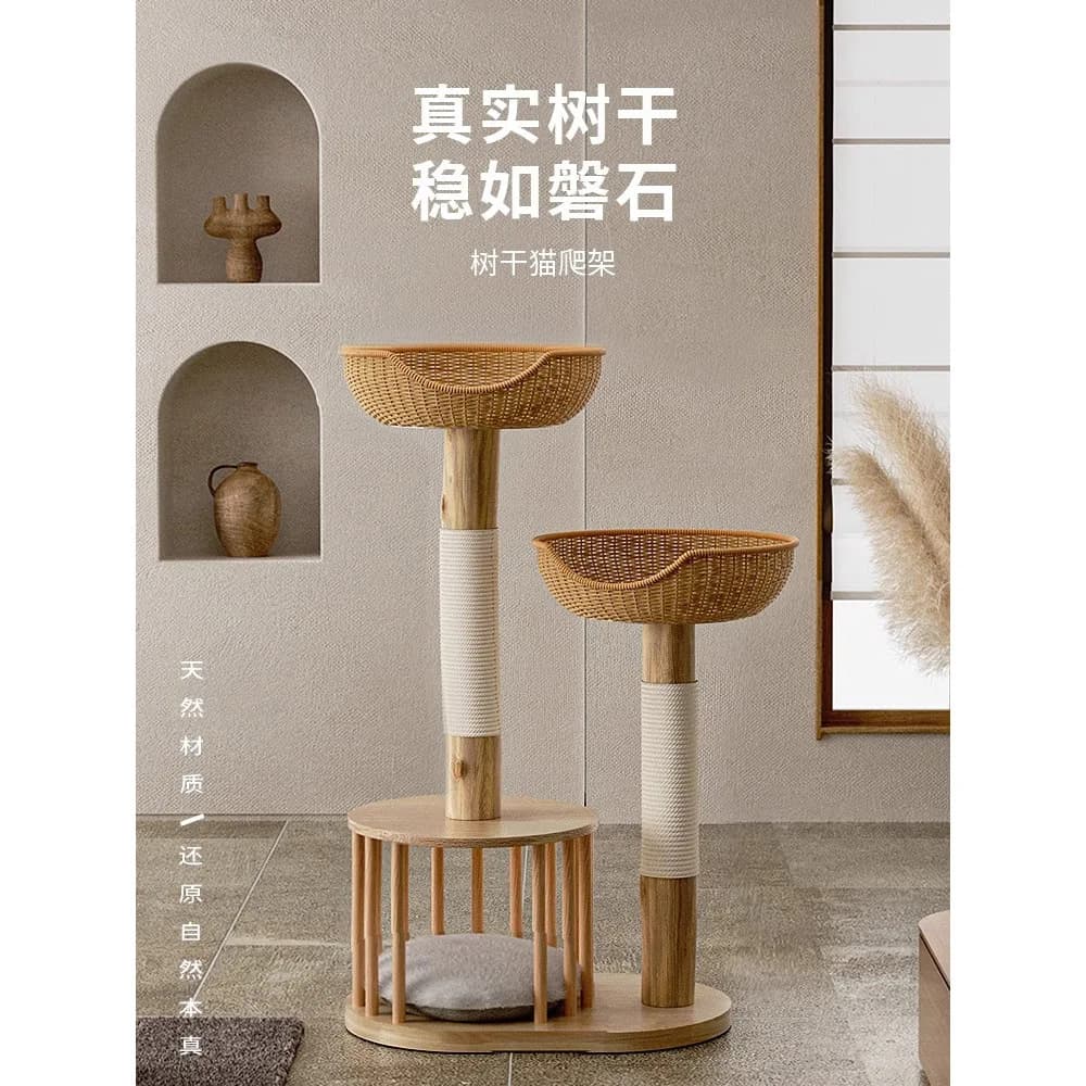 Struttura per arrampicata su gatti in legno massello, nido per gatti, tiragraffi in sisal integrato, tronco dell'albero, piccolo appartamento in rattan