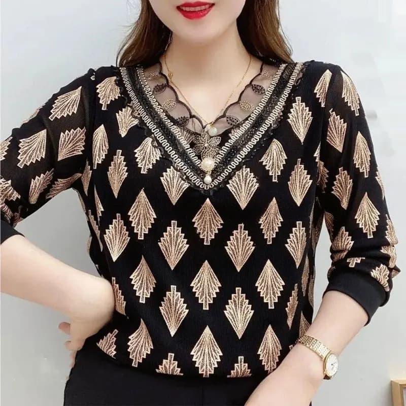 Office Lady Fashion Wave stampato foglia T-shirt pizzo impiombato ricamo chic perla decorazione tridimensionale pullover con scollo a V