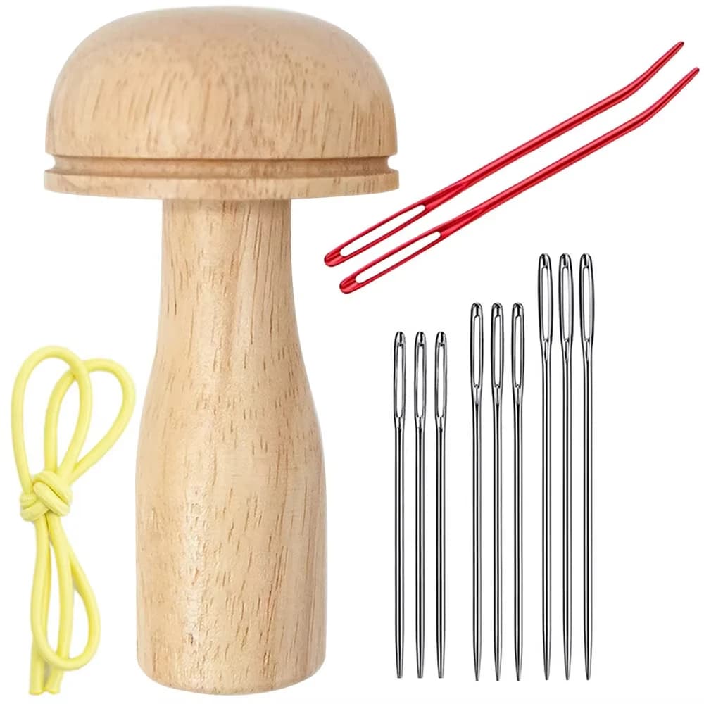 1 pezzo di riparazione per strumenti per cucire uova per rammendo legno per calzini con 9 aghi per occhi grandi e 2 aghi per arazzo con punta piegata in alluminio