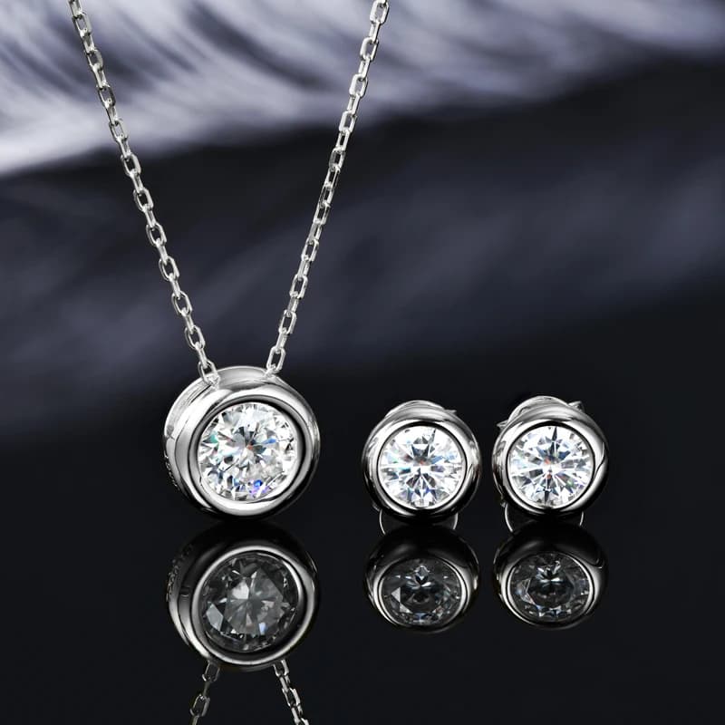 IOGOU 6.5mm 1ct Bezel Moissanite Pendant Necklace Earrings Sets 925 Silver Adjustable Chain for Women Certified Fine Jewelry Set