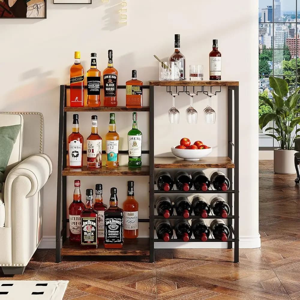 Mobile Bar o Bar Domestico, Cantinetta Vini a 3 Livelli Autoportante con Portabicchieri e Portabottiglie, Espositore Trapezoidale per Liquori