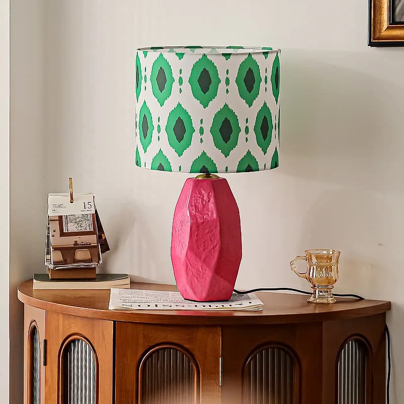 Lampade da Terra LED in Ceramica Rosa Memphis con Paralume in Tessuto Stampato Rotondo, Luce Vintage per Camera da Letto, Soggiorno, Ristorante, Studio e Scrivania