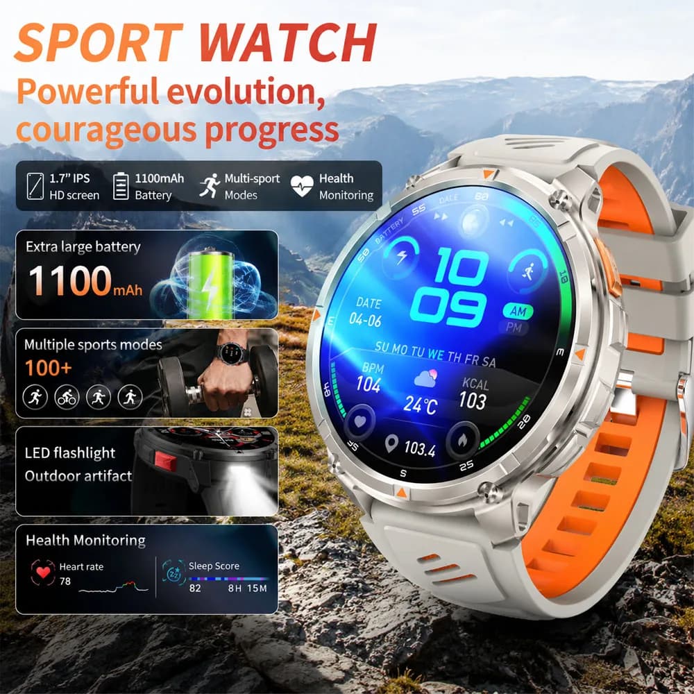 1100mAh Battery Men Smart Watch 1.7 Screen Sports Tracker Outdoors LED Flashlight Compass IP68 Waterproof Military Smartwatch