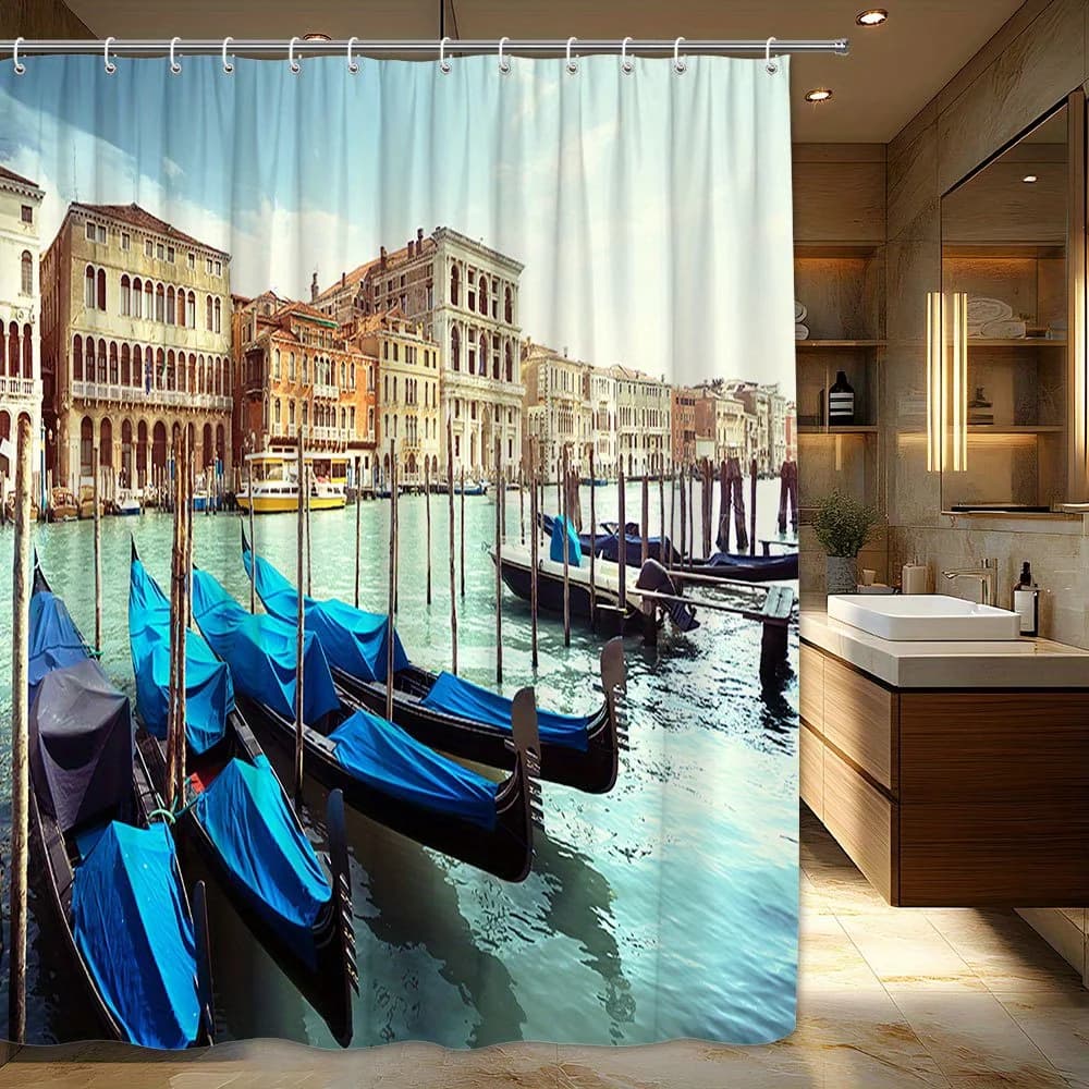 Tenda da doccia per canale veneziano, design Gondola, poliestere, 12 ganci, lavabile in lavatrice, arredamento bagno