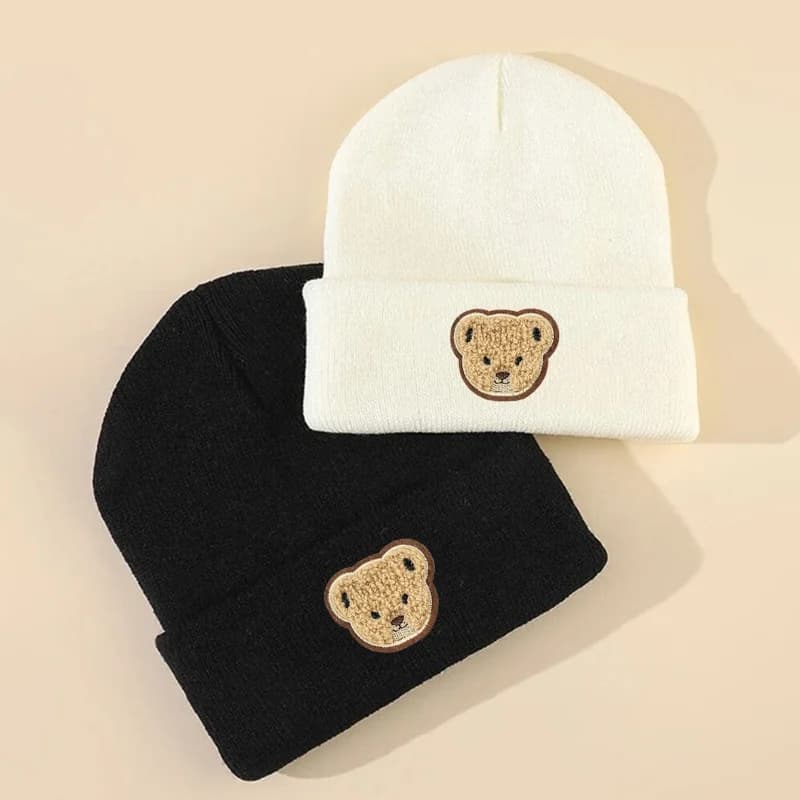 1 pezzo/2 pezzi cappello lavorato a maglia bianco nero per bambini con orso cartone animato, morbido, caldo e confortevole per le ragazze dei ragazzi cappello da esterno autunno e inverno