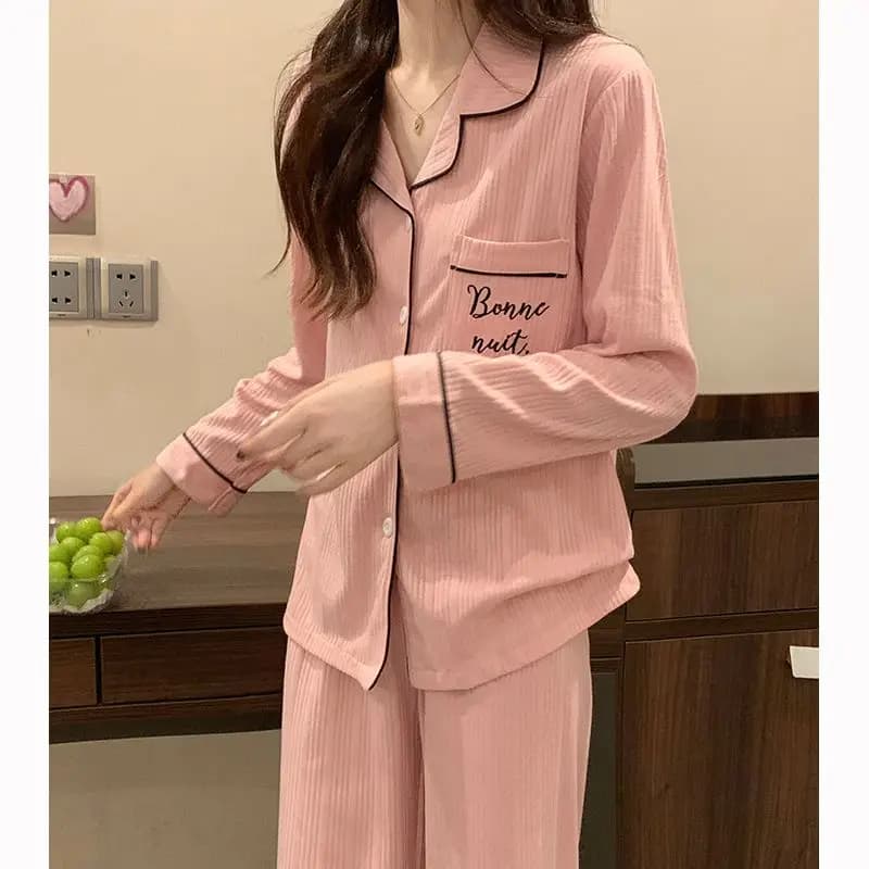 Women's Fashionable Button Pjamas Set Solid Casual Nightwear Long Sleeves Women's Set Soft and Comfortable Women's Set for Home