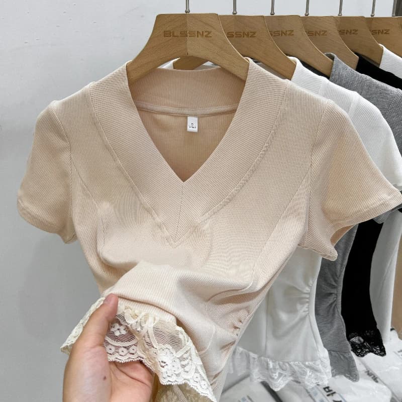 AOSSVIAO 2026 Nuova T-shirt Estiva alla Moda con Inserti in Pizzo, Top Sexy con Scollo a V e Maniche Corte da Donna, T-shirt Elasticizzata Slim Tinta Unita